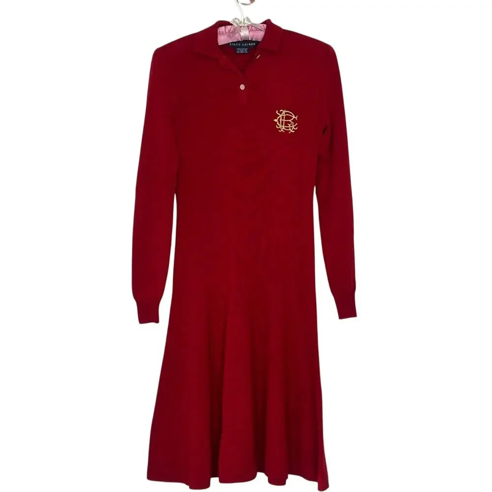 Vintage Ralph Lauren Red Merino Wool Long Sleeve Dress with Gold Logo - Picture 1 of 12